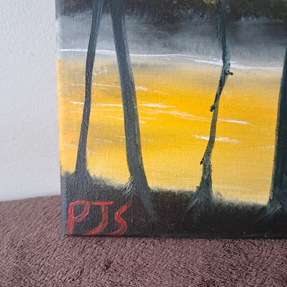 Hand Painted Canvas Oil Paint Landscape Trees Water Seen Silhouette - Picture 4 of 5